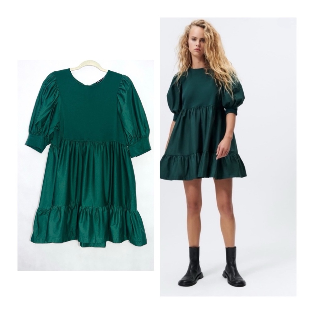 NEW Zara Hunter Green Voluminous Sleeve Combination
Ruffled Babydoll Dress Med